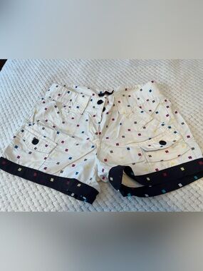 Girls' White Cotton Shorts with Multicolor Square Print and Navy Trim